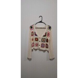 Debut Granny Square Crochet Cardigan Beach Cover Up Coastal 90's Style Sz M